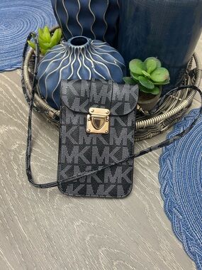 Michael Kors Black and Gold Monogram Crossbody Phone Pouch
